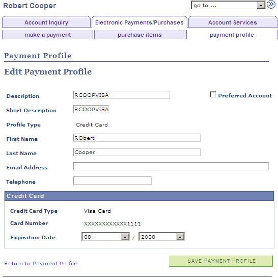 Electronic Payments/Purchases - Payment Profile - Edit Payment Profile page