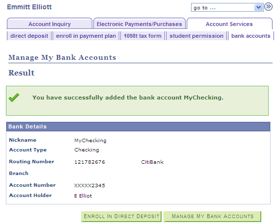 Manage My Bank Accounts - Result page
