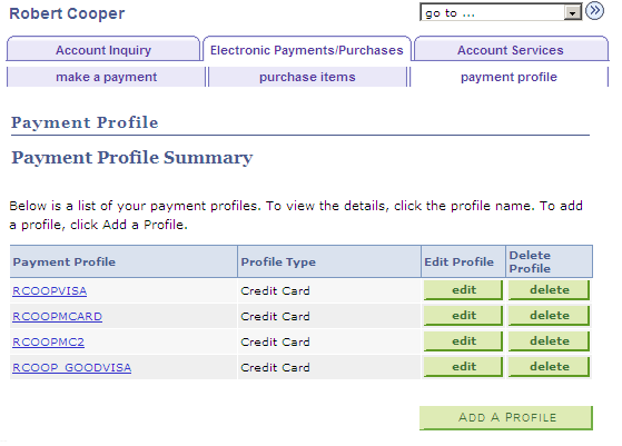 Electronic Payments/Purchases - Payment Profile - Payment Profile Summary page