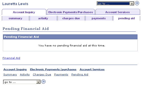 Account Inquiry - Pending Financial Aid page