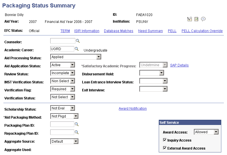 Packaging Status Summary page