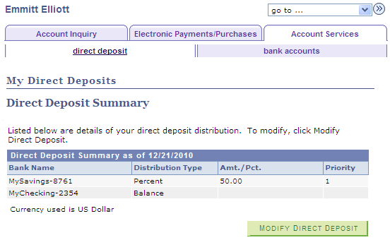 My Direct Deposits - Direct Deposit Summary example page