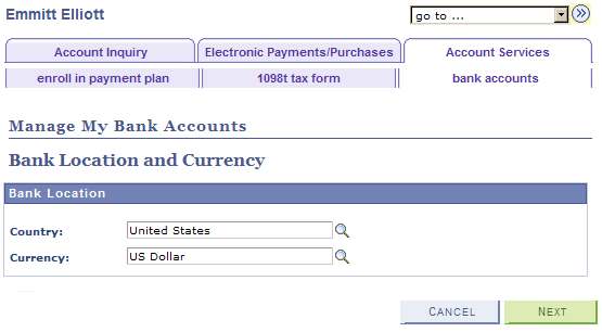 Bank Location and Currency page