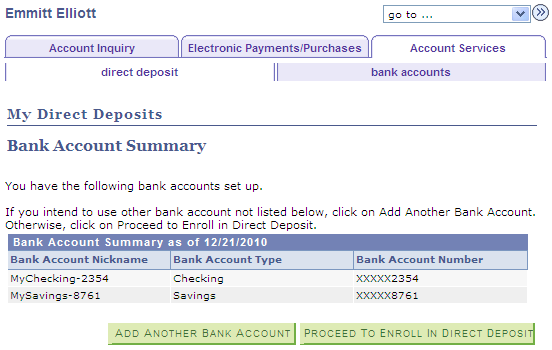 My Direct Deposits - Bank Account Summary page