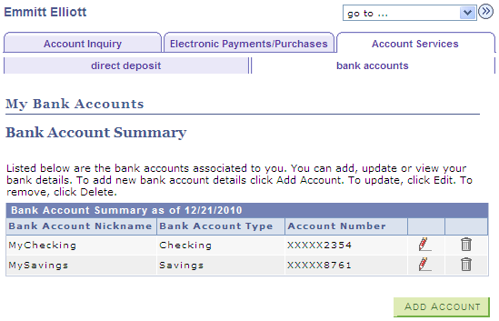 My Bank Accounts (Bank Account Summary) example page