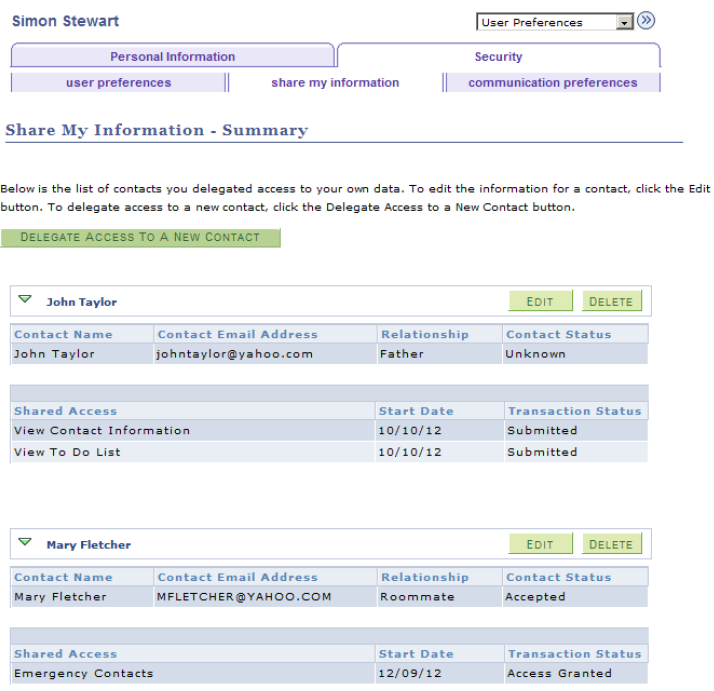 Share My Information - Summary Page