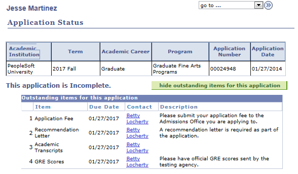 Example 2 of impact of settings on Applicant Status Options page