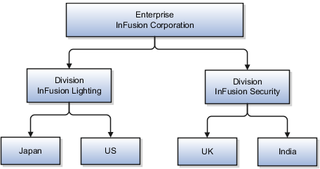 図は、複数のディビジョンを持ち、これらのディビジョンが複数の国で運営している企業を示しています。
