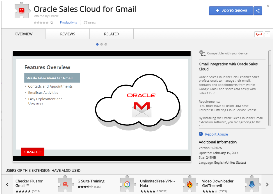 Oracle Sales Cloud for Gmail拡張機能のウィンドウ
