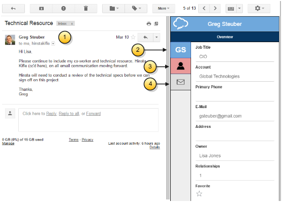 例となる担当者からのEメールが表示されたOracle Sales Cloud for Gmail拡張機能のスクリーン・キャプチャ。表示される担当者の概要には、
担当者のタイトル、アカウント、Eメール・アドレス、
住所、アカウント所有者および担当者の関連数が
含まれます。テキストで説明するコールアウトは、様々なUIの機能を強調表示しています。