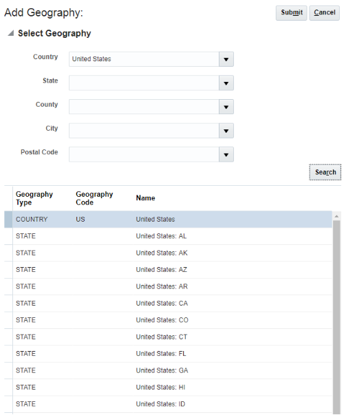 地理タイプの国としてアメリカ合衆国が選択された「地理の追加」ページのスクリーン・キャプチャ。ページには、アメリカのすべての州も表示されています。