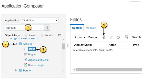 「アプリケーション・コンポーザ」ウィンドウの一部の
スクリーンショット。コールアウトは、検索フィールドの場所、展開アイコン、「フィールド」アイコン
および「カスタム・フィールドの作成」アイコンを強調表示しています。