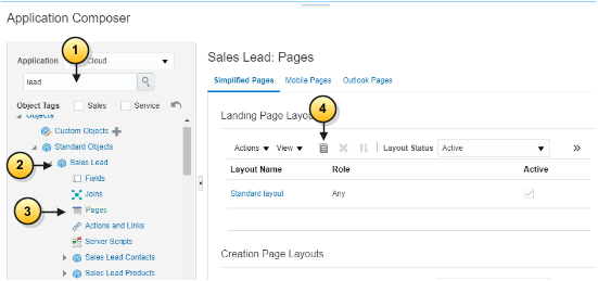 検索フィールドの場所、「営業リード」オブジェクト、
営業リードの「ページ」アイコンおよび「複製」アイコンが
強調表示された「アプリケーション・コンポーザ」ページ。