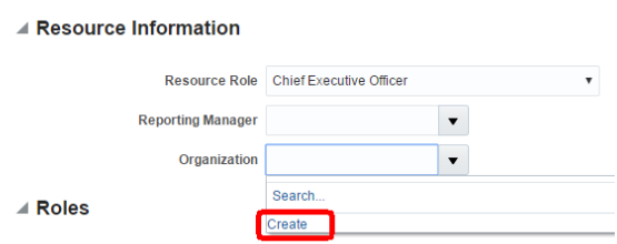 「組織」リストが開かれた状態の「リソース情報」リージョンのスクリーン・キャプチャ。強調表示により、リソース組織の作成リンクの場所を示します。