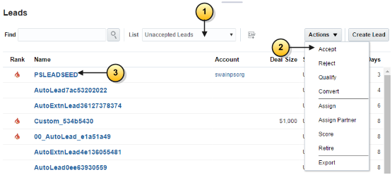 「処理」メニューが開かれた「リード」作業領域のリスト・ページの一部のスクリーン・キャプチャ。コールアウトは、テキストで説明する主な機能の場所を強調表示しています。