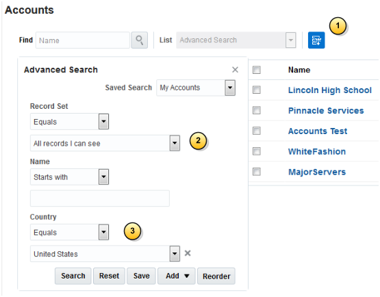 「アカウント」作業領域の拡張検索パネルの一部のスクリーン・キャプチャ