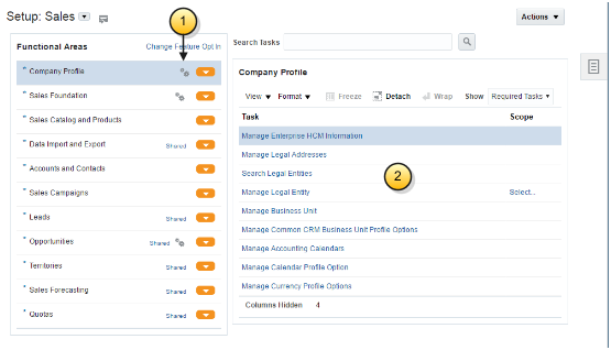 会社プロファイル機能領域のクイック設定アイコンおよび設定タスク・リージョンが強調表示された「設定: 営業」ページ