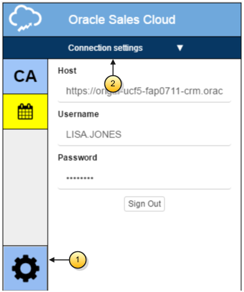 Oracle Sales Cloud for Gmail拡張機能の
サイド・パネルの接続設定この設定はテキストで説明されています。
