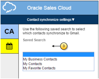 Oracle Sales Cloudの拡張機能のサイド・パネル
での保存済検索の選択関連機能とコールアウトは
テキストで説明されています。