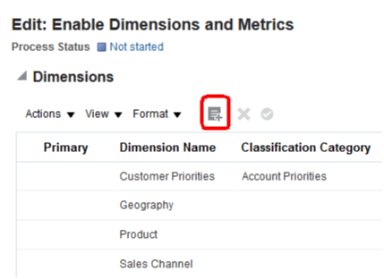 「選択して追加」ボタンの場所が強調表示された「編集: ディメンションおよびメトリック使用可能」ページの一部のスクリーン・キャプチャ