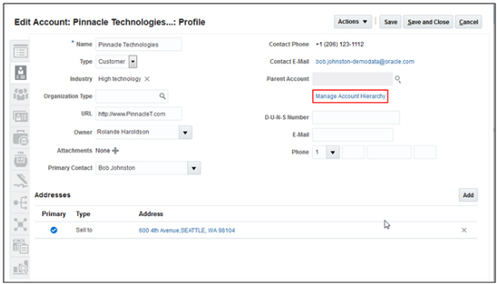 アカウント階層の管理リンクが強調表示された、「アカウントの編集」ページの「プロファイル」タブのスクリーン・キャプチャ