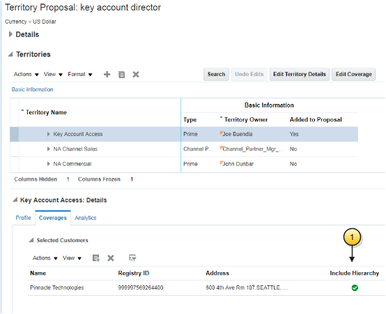 サンプルの主要なアカウント責任管理者のテリトリの「テリトリ提案」ページのスクリーン・キャプチャ。Pinnacle Technologiesアカウントが含まれます。また、「階層を含む」インジケータの存在は、テリトリ所有者がPinnacle Technologiesの階層内のすべてのアカウントにアクセスできることを意味します。
