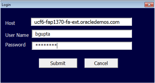 次のサンプル・データが表示された「ログイン」ウィンドウのスクリーン・キャプチャ
: ホストとしてcbfl-test.crm.us2.oraclecloud.com、サンプルのユーザー名、および
マスクされたパスワード。