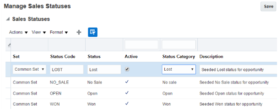 営業ステータスの管理ページの一部のスクリーン・キャプチャ。ページには、Oracleから提供されるステータスが表示されています。これらは、失注、売上なし、オープンおよび受注です。 