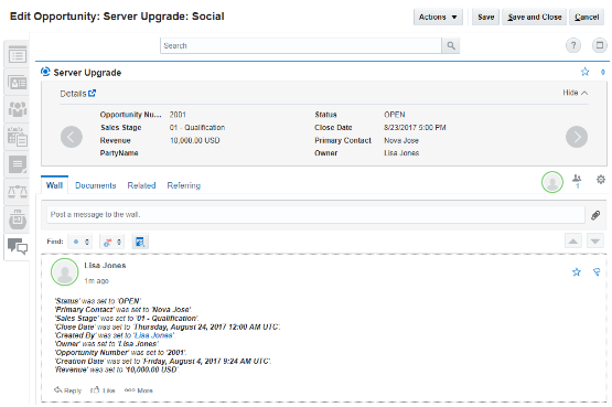 Server Upgrade商談に関する「商談の編集」ページの
「ソーシャル」タブのスクリーン・キャプチャ。「ソーシャル」タブのウォール・タブに、
「ステータス」: 「プライマリ担当者」、
「営業ステージ」、「クローズ日」、「作成者」、「所有者」、「商談番号」
「作成日」、「売上」の属性のサンプル値が表示されています。