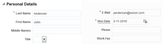 「ユーザーの作成」ページの「個人詳細」リージョンのスクリーン・キャプチャ。次のフィールドにサンプル・データが含まれています: 「姓」にAndersen、「名」にJohn、「Eメール」にjandersen@vision.com、「採用日」に2-11-2016。