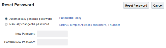 簡易パスワード・ポリシーが選択されたパスワードのリセット・ウィンドウのスクリーン・キャプチャ。デフォルトのパスワードのリセット・オプションは、パスワードの自動生成です。