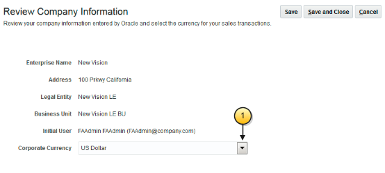 「会社情報のレビュー」ページとサンプル・データのスクリーン・キャプチャ。