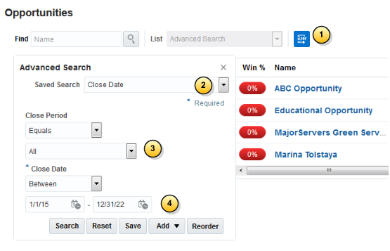 「商談」作業領域の拡張検索パネルのスクリーン・キャプチャ。コールアウトは、テキストで説明するフィールドの場所を強調表示しています。