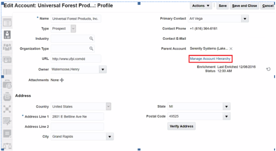 この図は、架空の会社であるUniversal
Forest Productsの「アカウントの編集」ページの「プロファイル」タブの一部のスクリーン・キャプチャを示しています。アカウント階層の管理リンクの場所が強調表示されています。