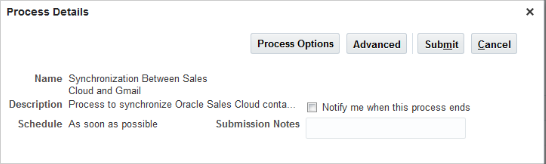 「Sales CloudとGmailとの同期」プロセスの
「プロセス詳細」ウィンドウのスクリーン・キャプチャこのウィンドウの詳細は
テキストで説明されています。