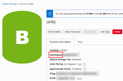 Oracle Object Storageのネームスペースを示すイメージ