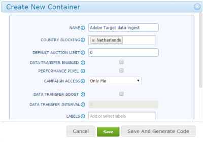 フィールドに移入された「Create New Container」ダイアログを示すイメージ