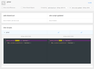 2つの公開インスタンス間の比較で強調表示されたコード・エディタのイメージ