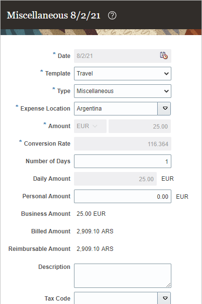 EURでトランザクションが表示された「経費」作業領域。