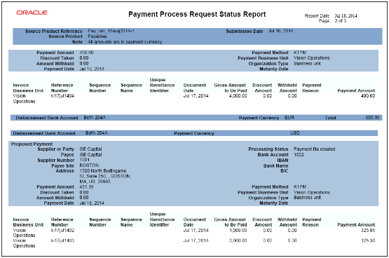 この図は、3ページから成る支払プロセス要求ステータス・レポートの2ページ目の例を示しています。