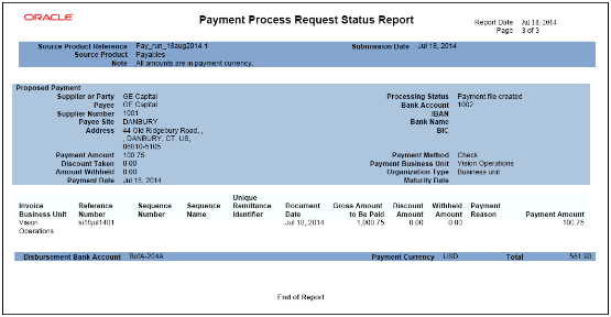 この図は、3ページから成る支払プロセス要求ステータス・レポートの3ページ目の例を示しています。