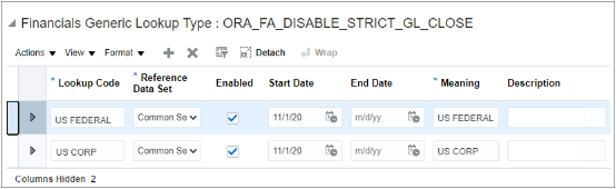 2つの有効な参照コード(それぞれが資産台帳を表す)を示すORA_FA_DISABLE_STRICT_GL_CLOSE参照タイプの検索結果。