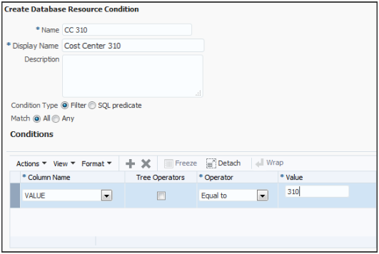 この図は、「データベース・リソース条件の作成」ページを示しています。