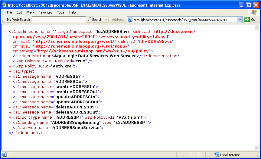 WSDL definition displayed in the console window.
