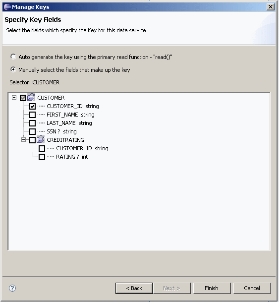 Fiields that specify the Key for the data service.