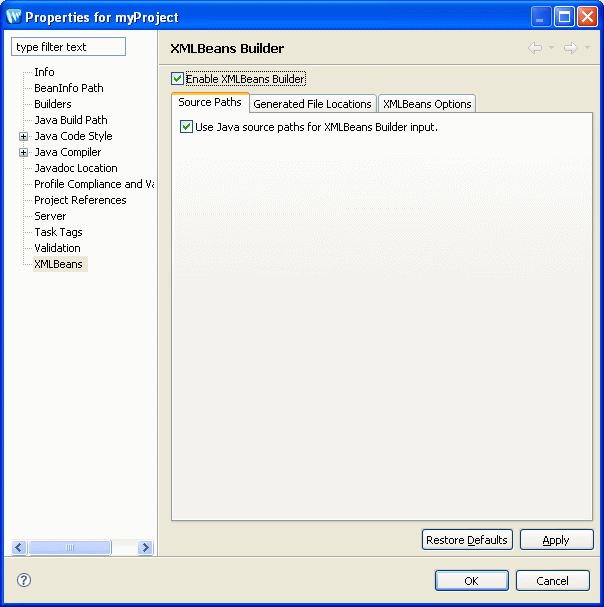 XML Beans Builder dialog.