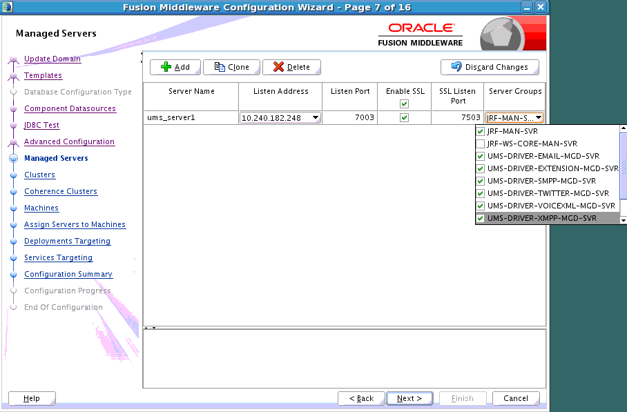 サーバー・グループを指定するためのFMW構成ウィザード