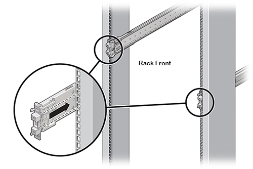 image:Illustration présentant les broches de montage de la glissière se verrouillant dans les trous de montage du rack