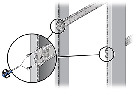 image:Illustration présentant les vis de montage facultatives qui sécurisent l'ensemble glissière du rack