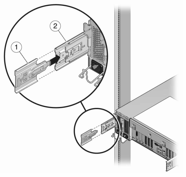 image:Illustration présentant l'insertion et le verrouillage de la rallonge du rail dans le rail du rack de gauche